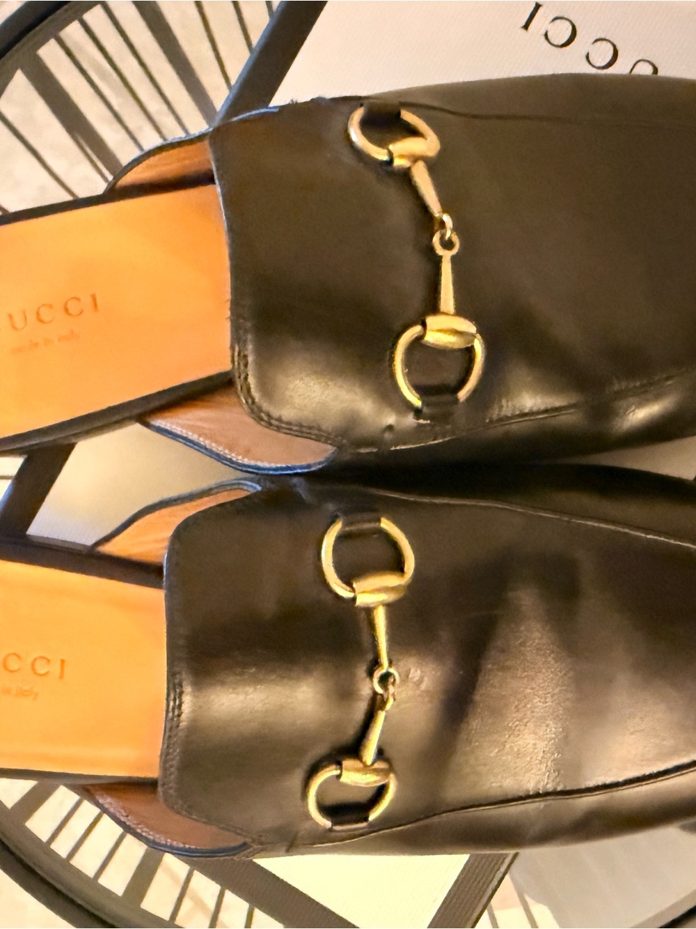 Gucci Black Leather Horsebit Mule Slides with Gold Hardware